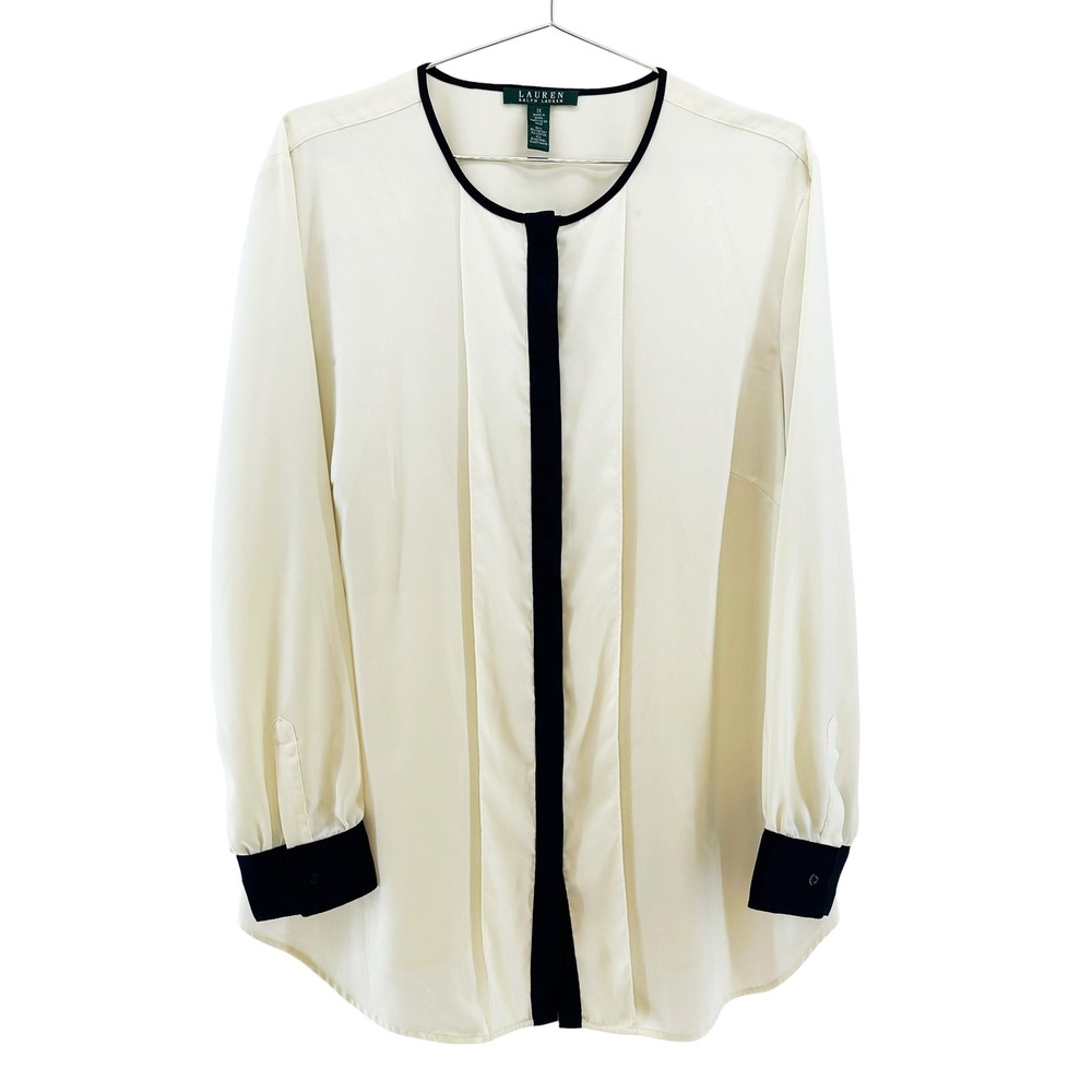 LAUREN RALPH LAUREN Button Up Blouse • 1X • cream black • chic minimalist preppy